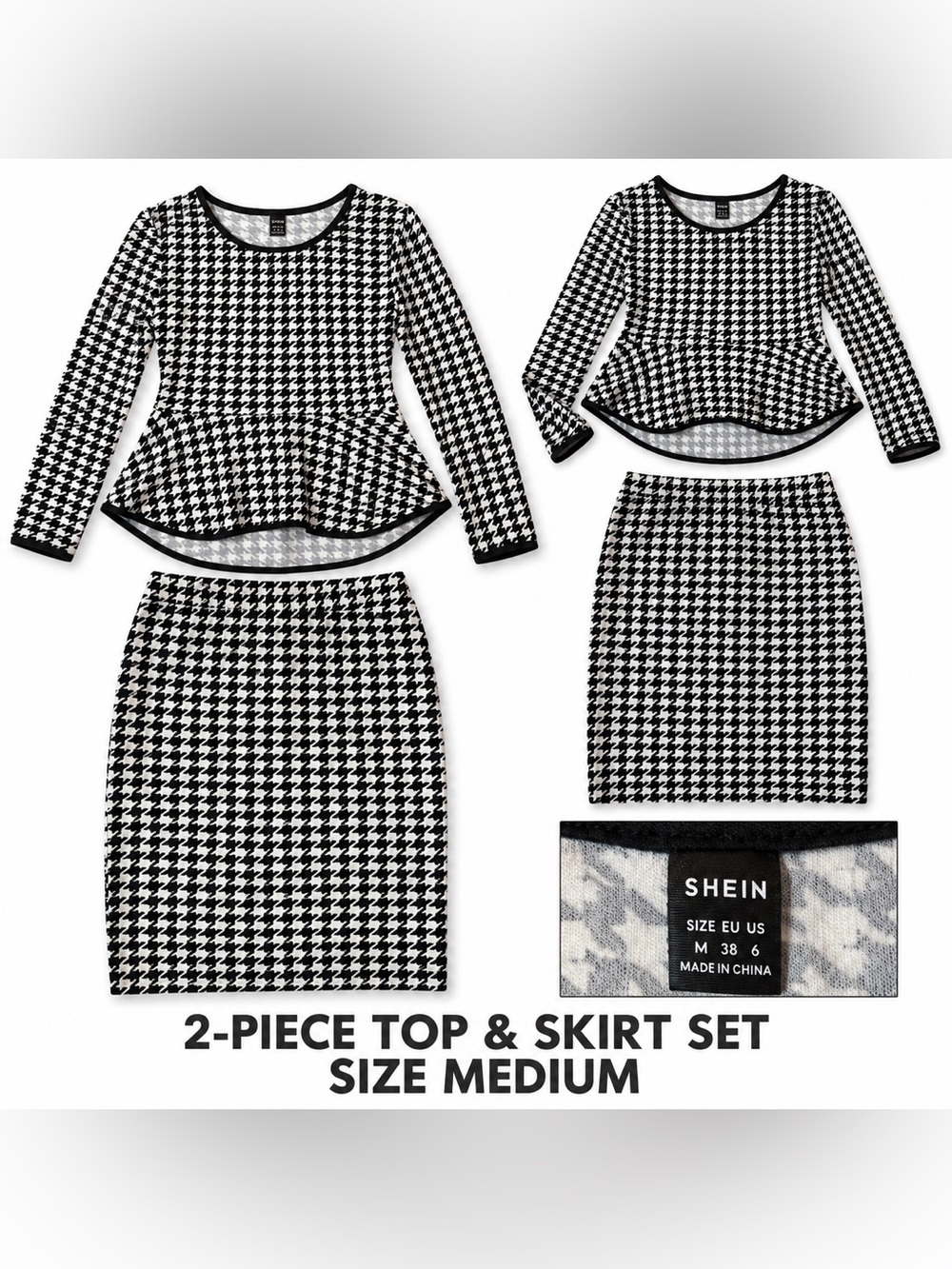 SHEIN Black & White Houndstooth Peplum Top and Pencil Skirt Set